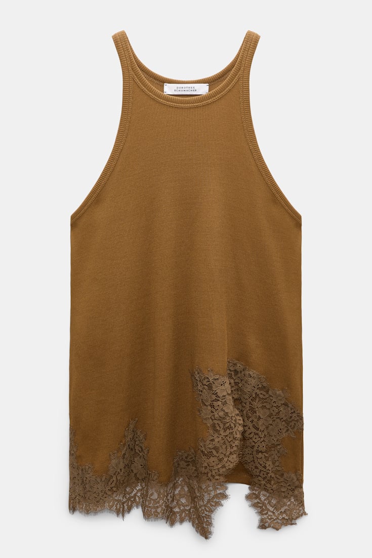 Dorothee Schumacher Rib knit cotton tank top with lace trim porcini