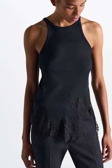 Dorothee Schumacher Rib knit cotton tank top with lace trim true navy