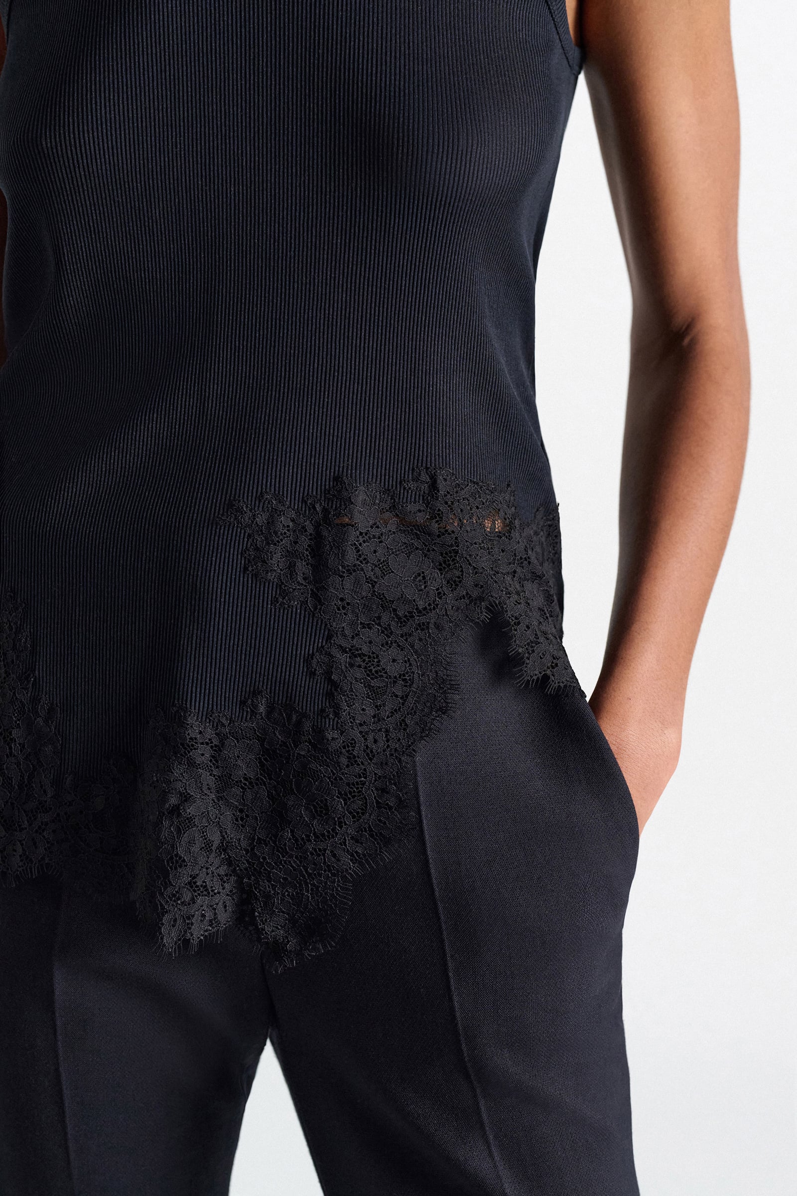 Dorothee Schumacher Rib knit cotton tank top with lace trim true navy