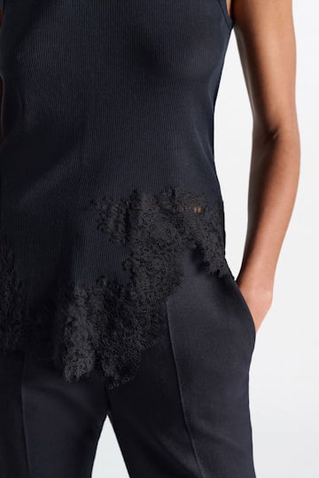 Dorothee Schumacher Rib knit cotton tank top with lace trim true navy