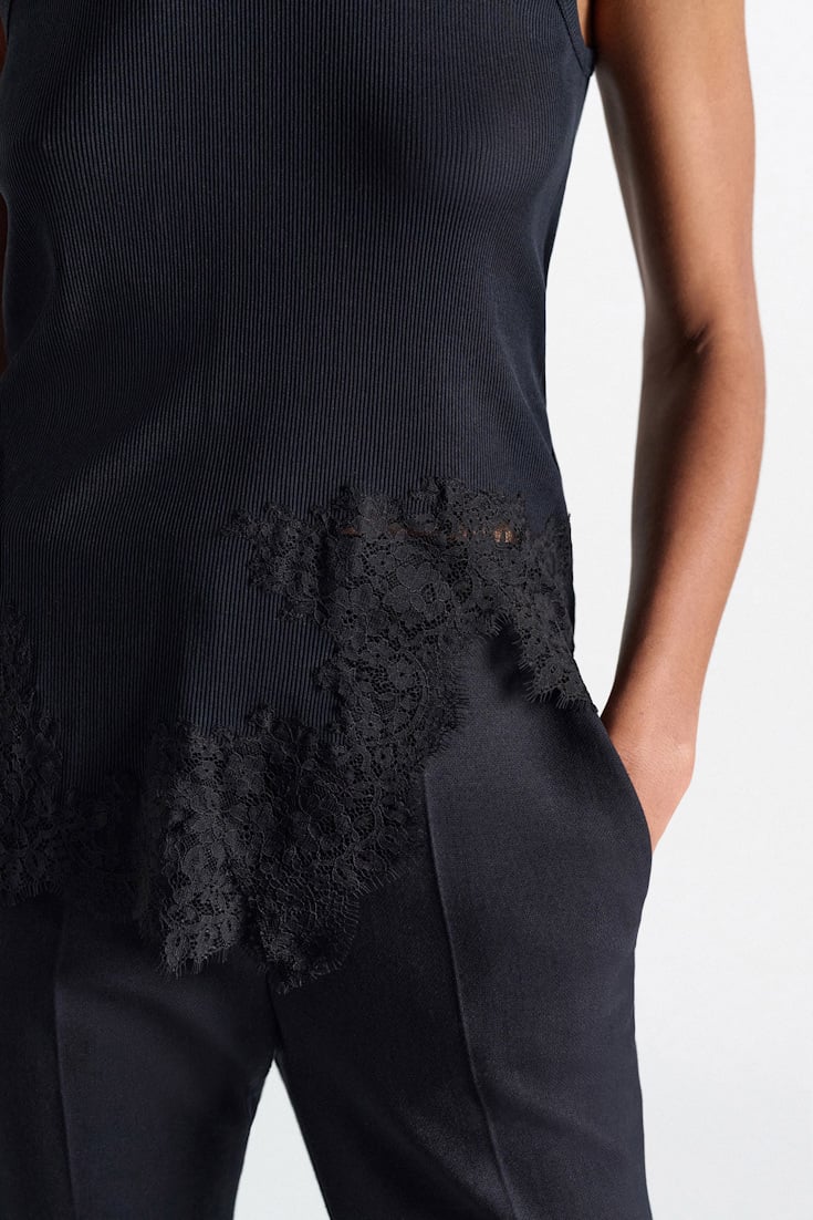 Dorothee Schumacher Rib knit cotton tank top with lace trim true navy