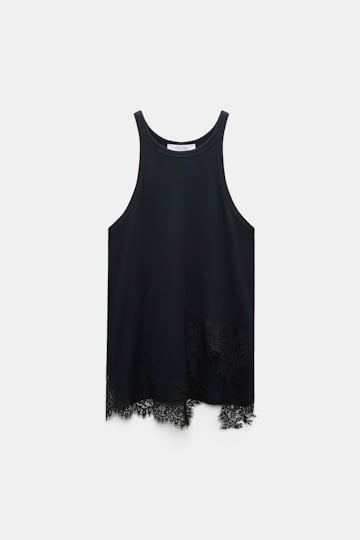 Dorothee Schumacher Rib knit cotton tank top with lace trim true navy