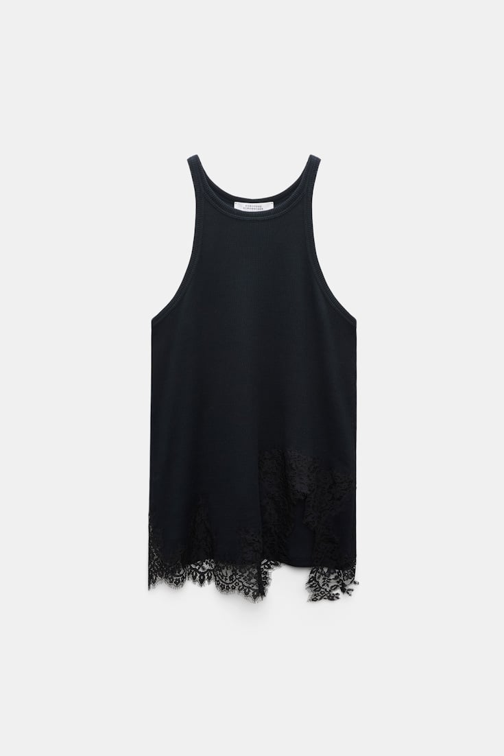 Dorothee Schumacher Rib knit cotton tank top with lace trim true navy