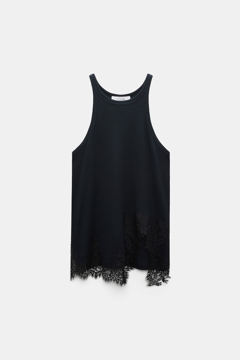 Rib knit cotton tank top with lace trim