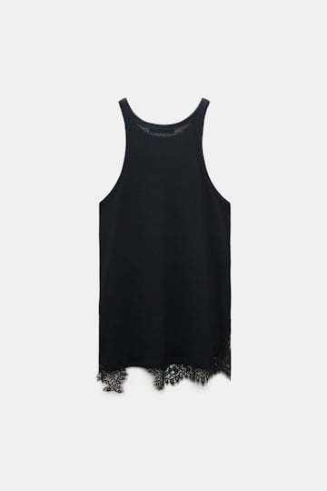 Dorothee Schumacher Rib knit cotton tank top with lace trim true navy