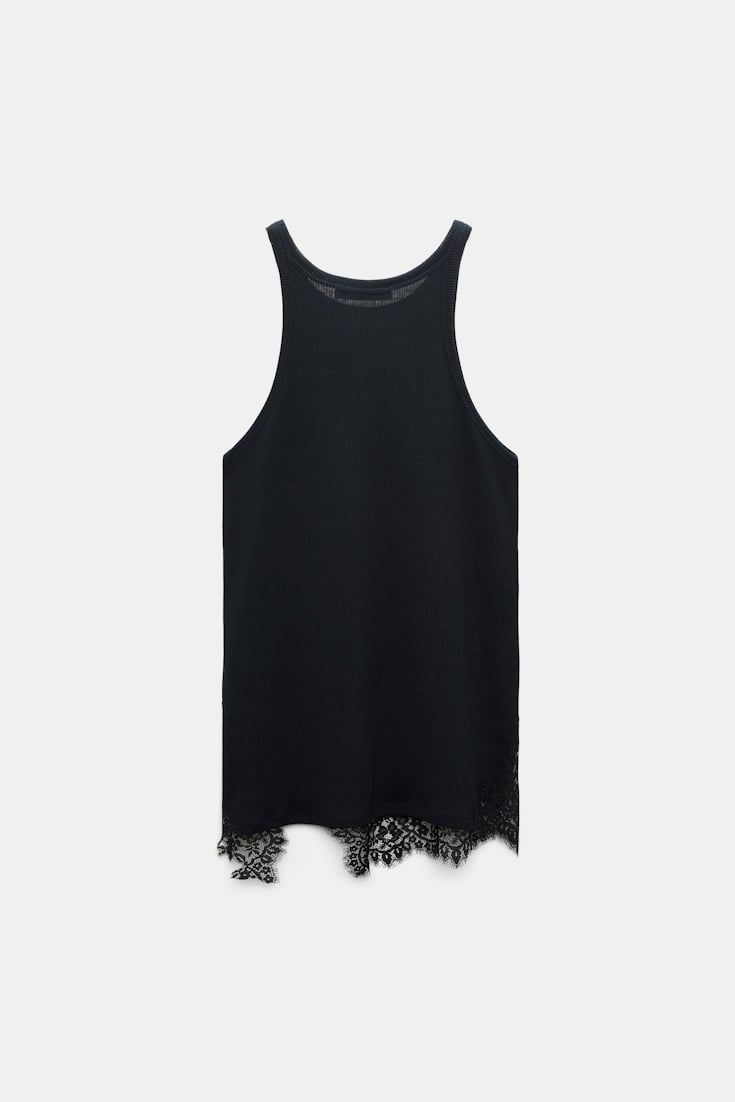 Dorothee Schumacher Rib knit cotton tank top with lace trim true navy