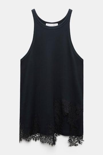 Dorothee Schumacher Rib knit cotton tank top with lace trim true navy