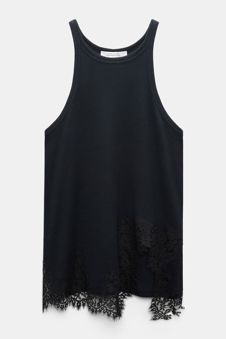 Dorothee Schumacher Rib knit cotton tank top with lace trim true navy