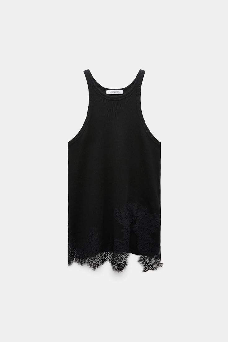 Dorothee Schumacher Rib knit cotton tank top with lace trim black