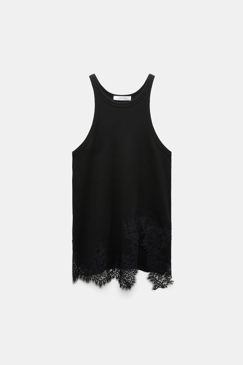 Rib knit cotton tank top with lace trim