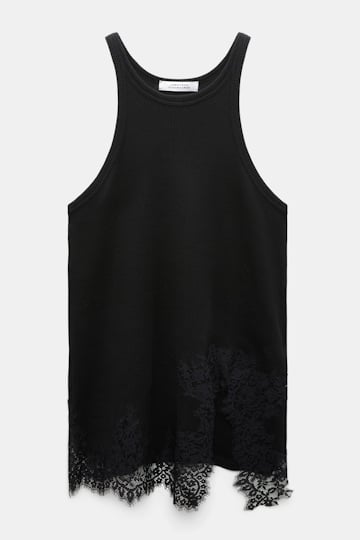 Dorothee Schumacher Rib knit cotton tank top with lace trim black