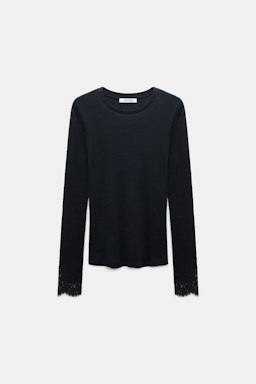 Dorothee Schumacher Longsleeve mit Spitzeneinsatz aus Baumwolle true navy