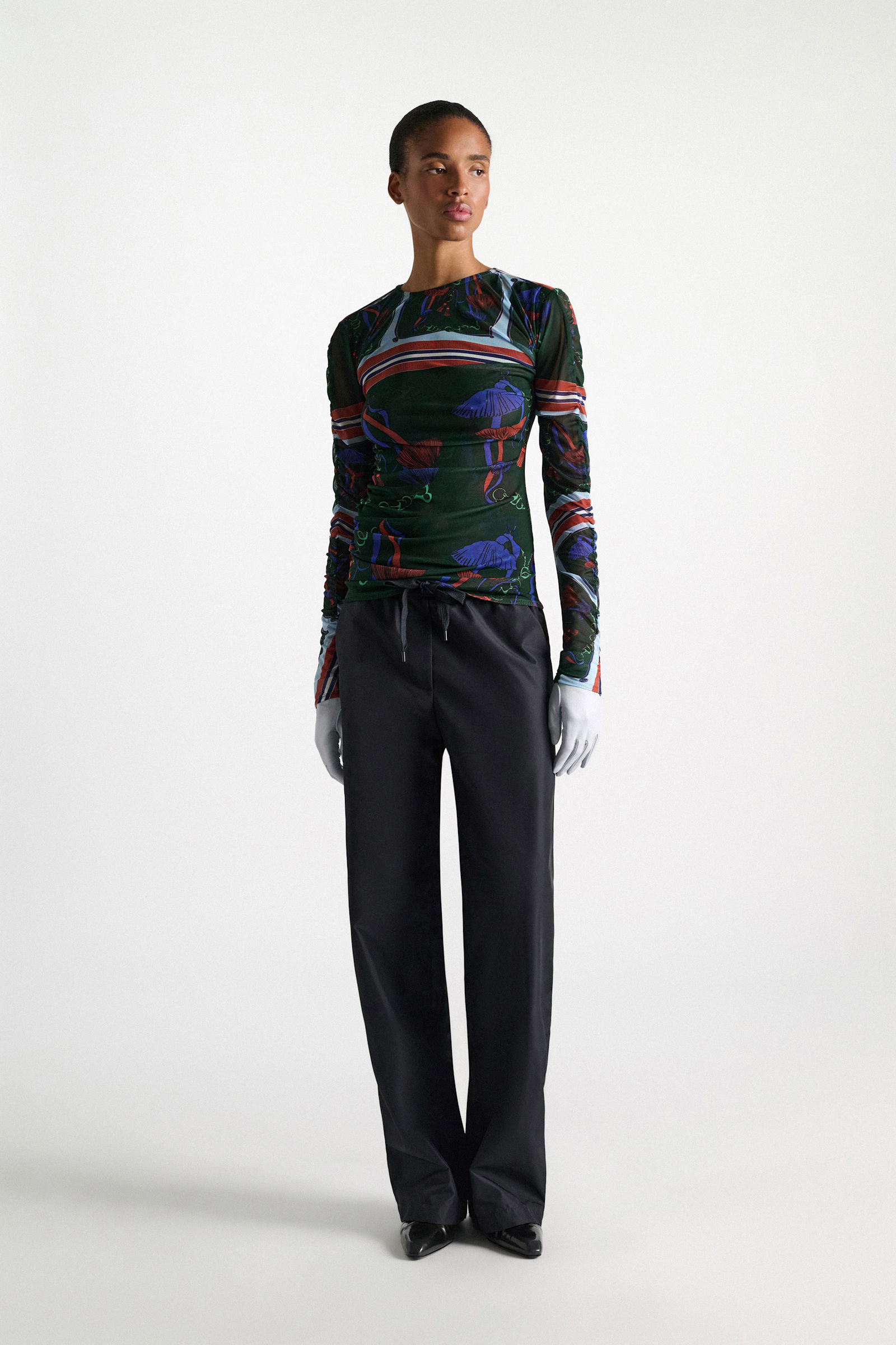 Dorothee Schumacher Printed mesh tulle long-sleeve shirt colorful ribbon scarf