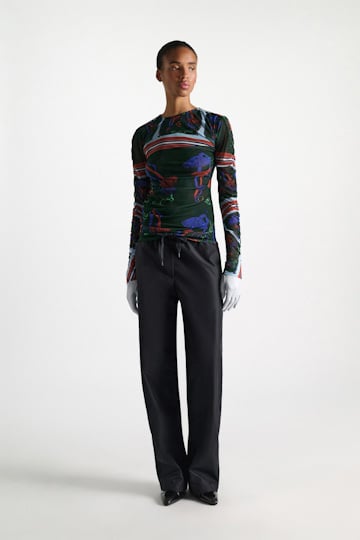 Dorothee Schumacher Printed mesh tulle long-sleeve shirt colorful ribbon scarf