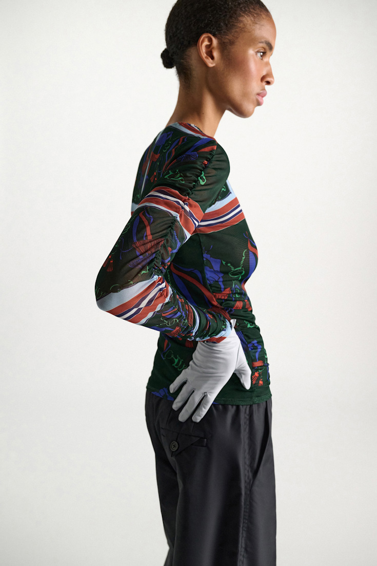Dorothee Schumacher Printed mesh tulle long-sleeve shirt colorful ribbon scarf