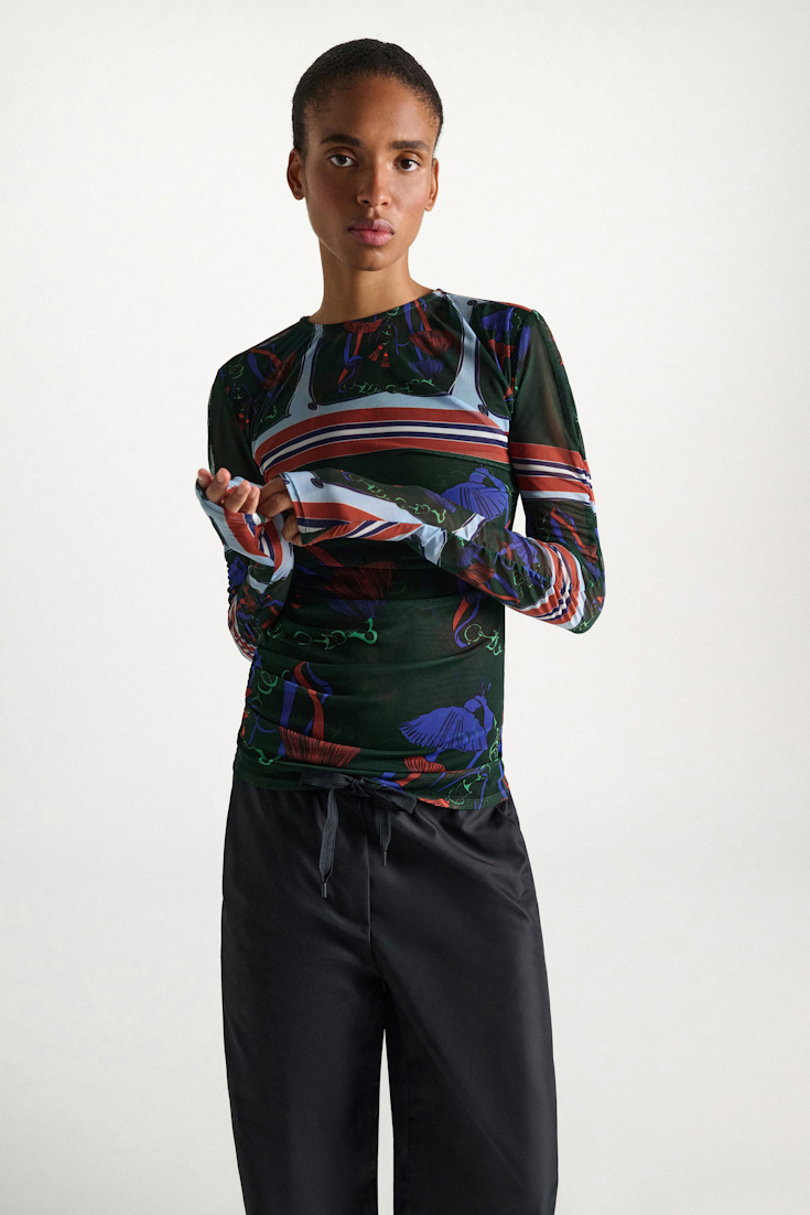 Dorothee Schumacher Printed mesh tulle long-sleeve shirt colorful ribbon scarf