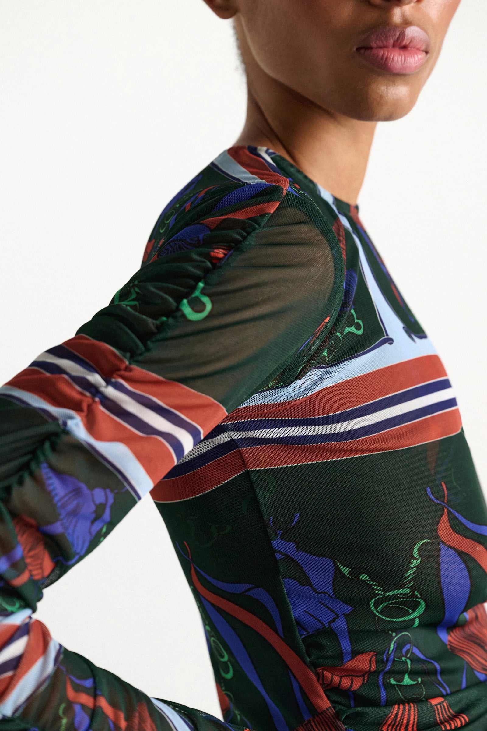 Dorothee Schumacher Printed mesh tulle long-sleeve shirt colorful ribbon scarf