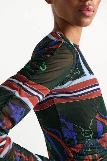 Dorothee Schumacher Printed mesh tulle long-sleeve shirt colorful ribbon scarf