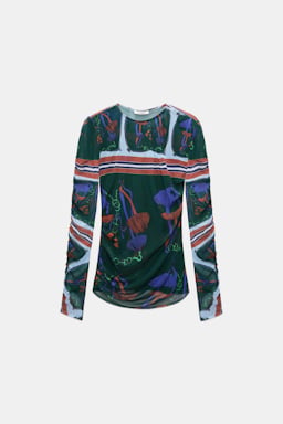 Dorothee Schumacher Printed mesh tulle long-sleeve shirt colorful ribbon scarf