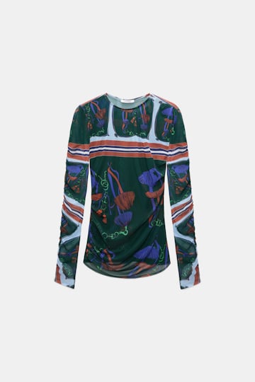 Dorothee Schumacher Printed mesh tulle long-sleeve shirt colorful ribbon scarf