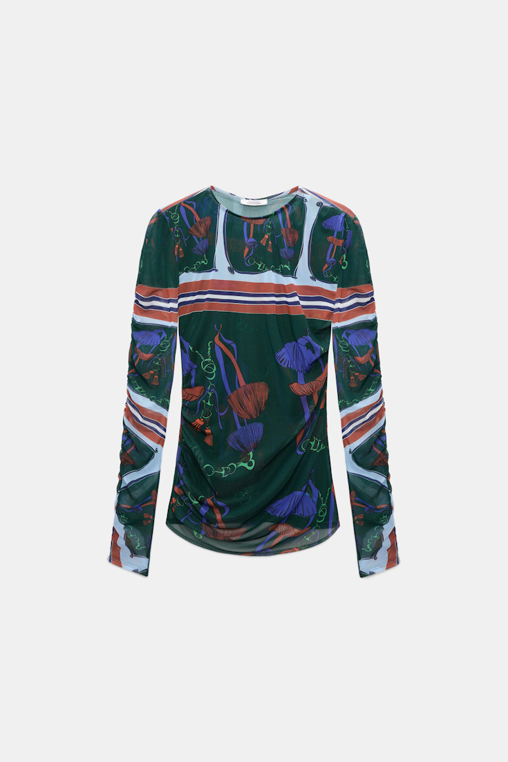Dorothee Schumacher Printed mesh tulle long-sleeve shirt colorful ribbon scarf
