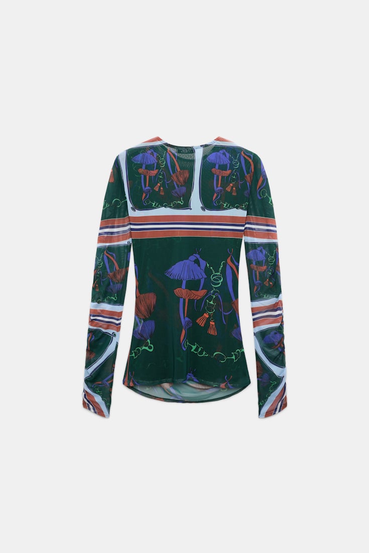 Dorothee Schumacher Printed mesh tulle long-sleeve shirt colorful ribbon scarf