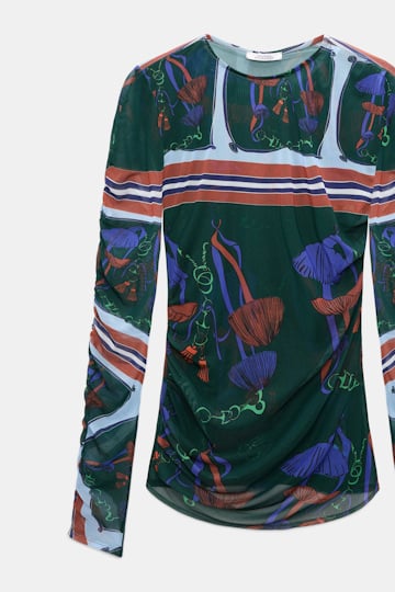 Dorothee Schumacher Printed mesh tulle long-sleeve shirt colorful ribbon scarf