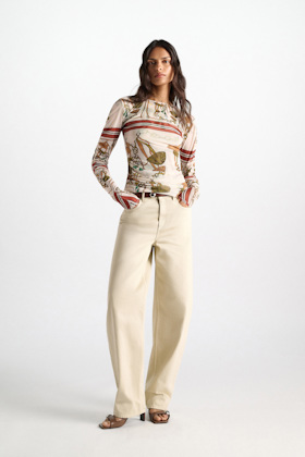 Dorothee Schumacher Printed mesh tulle long-sleeve shirt Brown Ribbon scarf Model Front View
