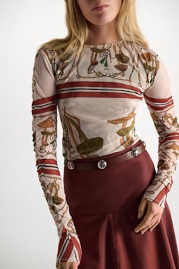 Dorothee Schumacher Bedrucktes Mesh-Tulle Longsleeve Brown Ribbon scarf