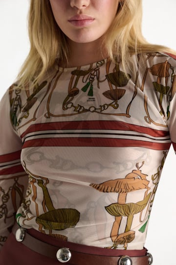 Dorothee Schumacher Printed mesh tulle long-sleeve shirt Brown Ribbon scarf