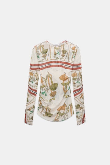 Dorothee Schumacher Printed mesh tulle long-sleeve shirt Brown Ribbon scarf