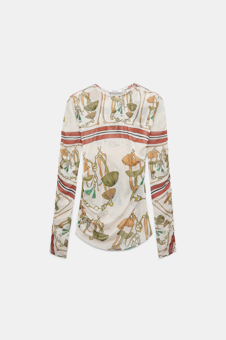 Dorothee Schumacher Printed mesh tulle long-sleeve shirt Brown Ribbon scarf