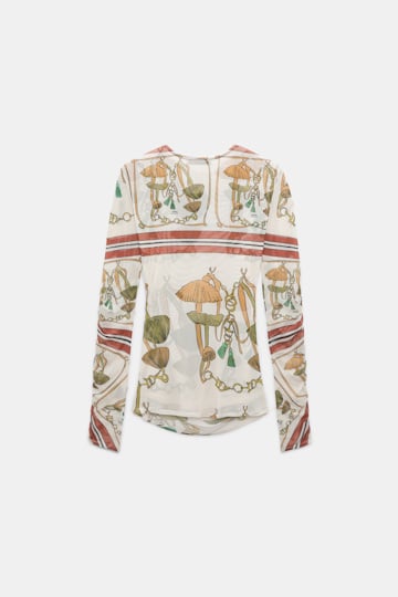 Dorothee Schumacher Printed mesh tulle long-sleeve shirt Brown Ribbon scarf