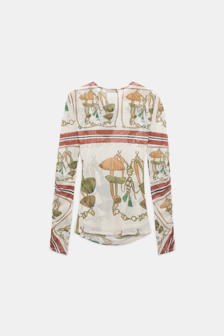 Dorothee Schumacher Printed mesh tulle long-sleeve shirt Brown Ribbon scarf
