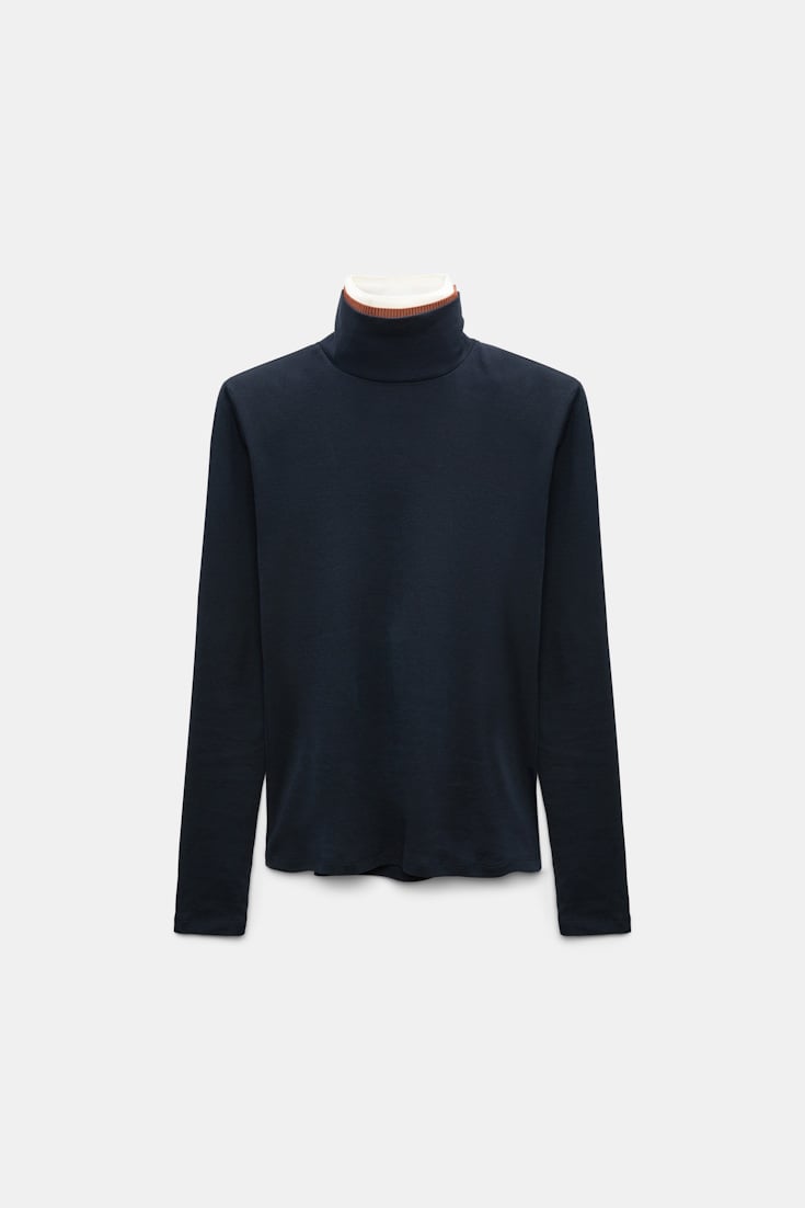 Dorothee Schumacher Fine rib cotton turtleneck with two-tone collar navy/rust