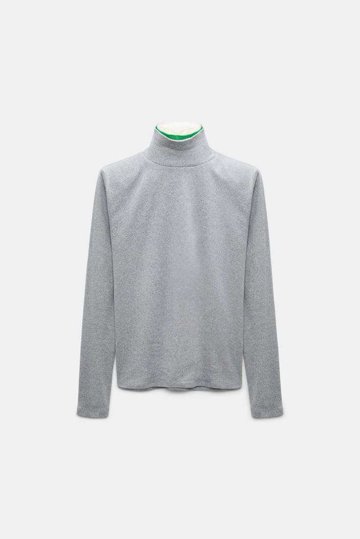 Dorothee Schumacher Fine rib cotton turtleneck with two-tone collar grey mel. patch