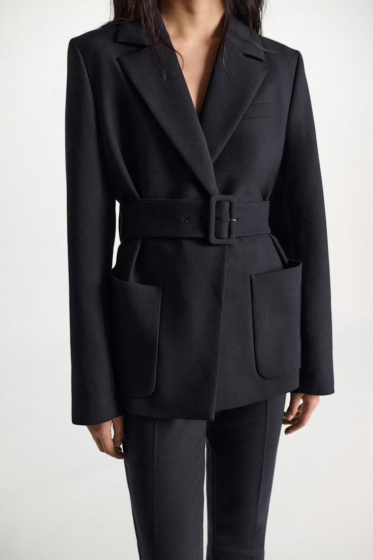 Dorothee Schumacher Belted blazer in virgin wool blend midnight navy
