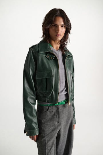Dorothee Schumacher Leather bomber jacket deep green Model Detail View