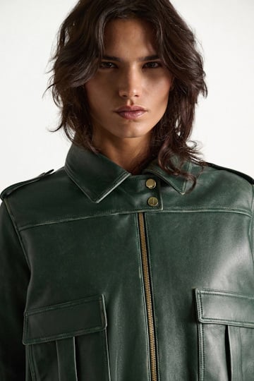 Dorothee Schumacher Leather bomber jacket deep green Model Detail View