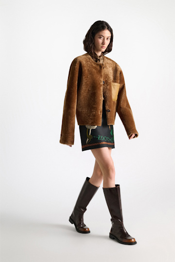 Dorothee Schumacher Reversible lamb fur jacket cinnamon tweed Model Front View