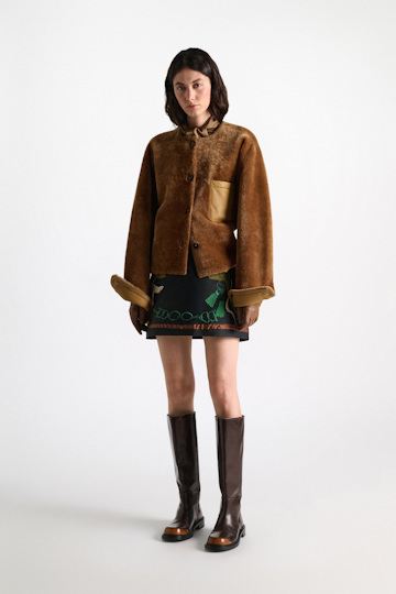 Dorothee Schumacher Reversible lamb fur jacket cinnamon tweed Model Detail View