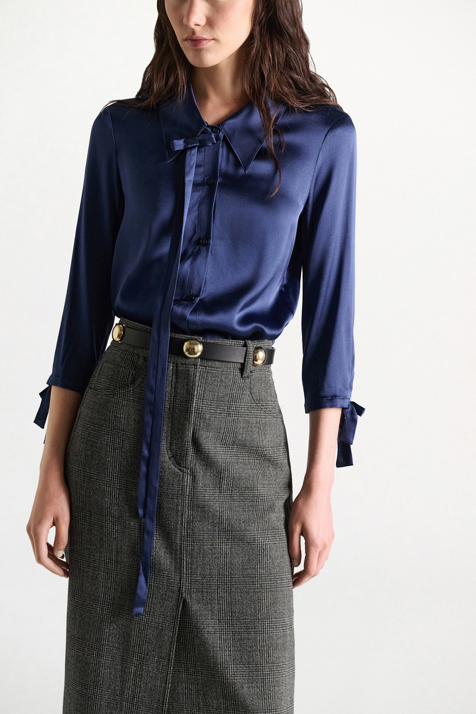 Dorothee Schumacher Slim satin blouse with ties ocean blue