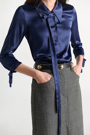 Dorothee Schumacher Slim satin blouse with ties ocean blue