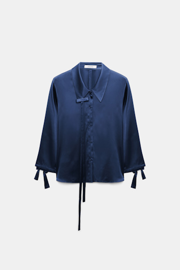 Dorothee Schumacher Slim satin blouse with ties ocean blue