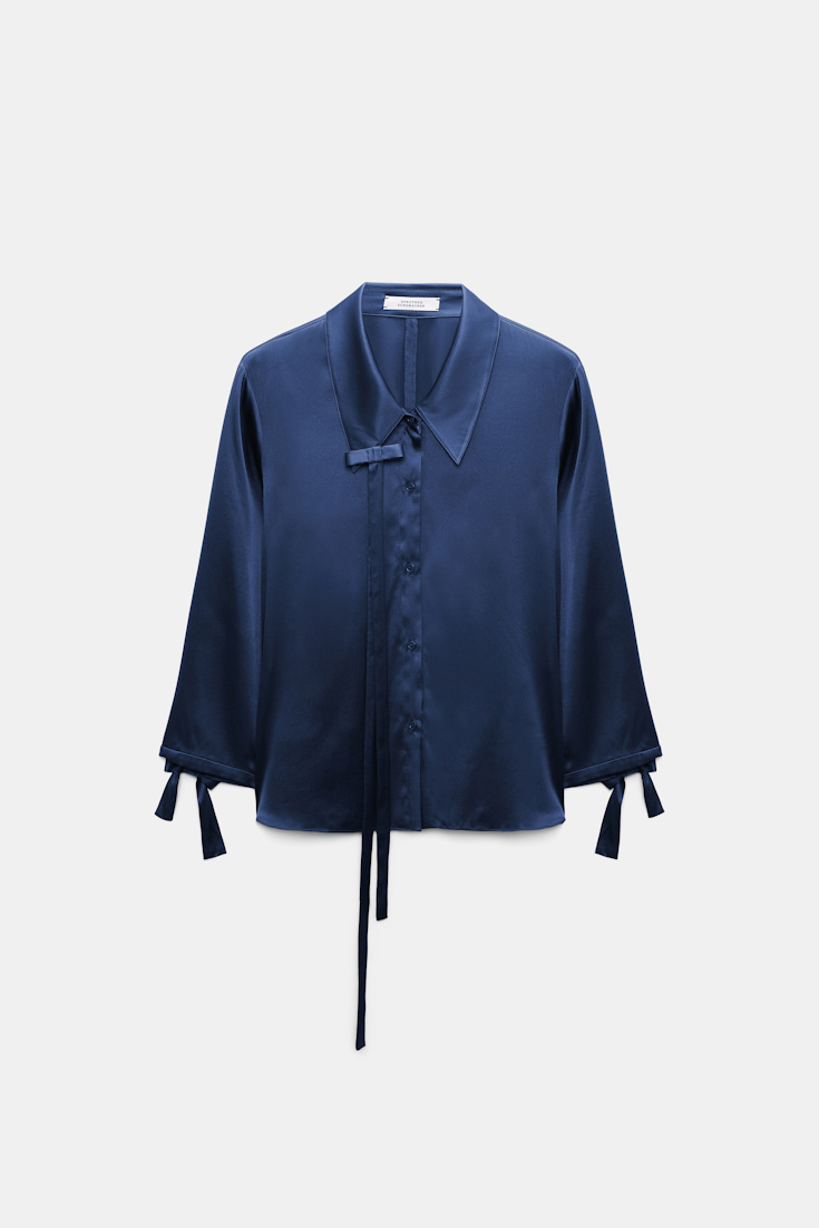 Dorothee Schumacher Slim satin blouse with ties ocean blue