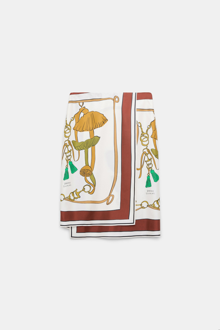 Dorothee Schumacher Pencilskirt in Wickelrock-Optik aus bedrucktem Seidentwill Brown Ribbon scarf