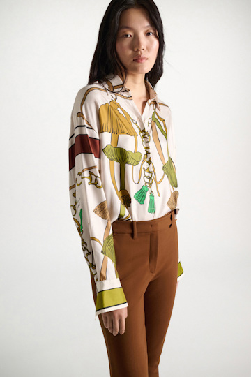 Dorothee Schumacher Oversized printed silk twill blouse Brown Ribbon scarf