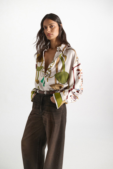Dorothee Schumacher Oversized printed silk twill blouse Brown Ribbon scarf
