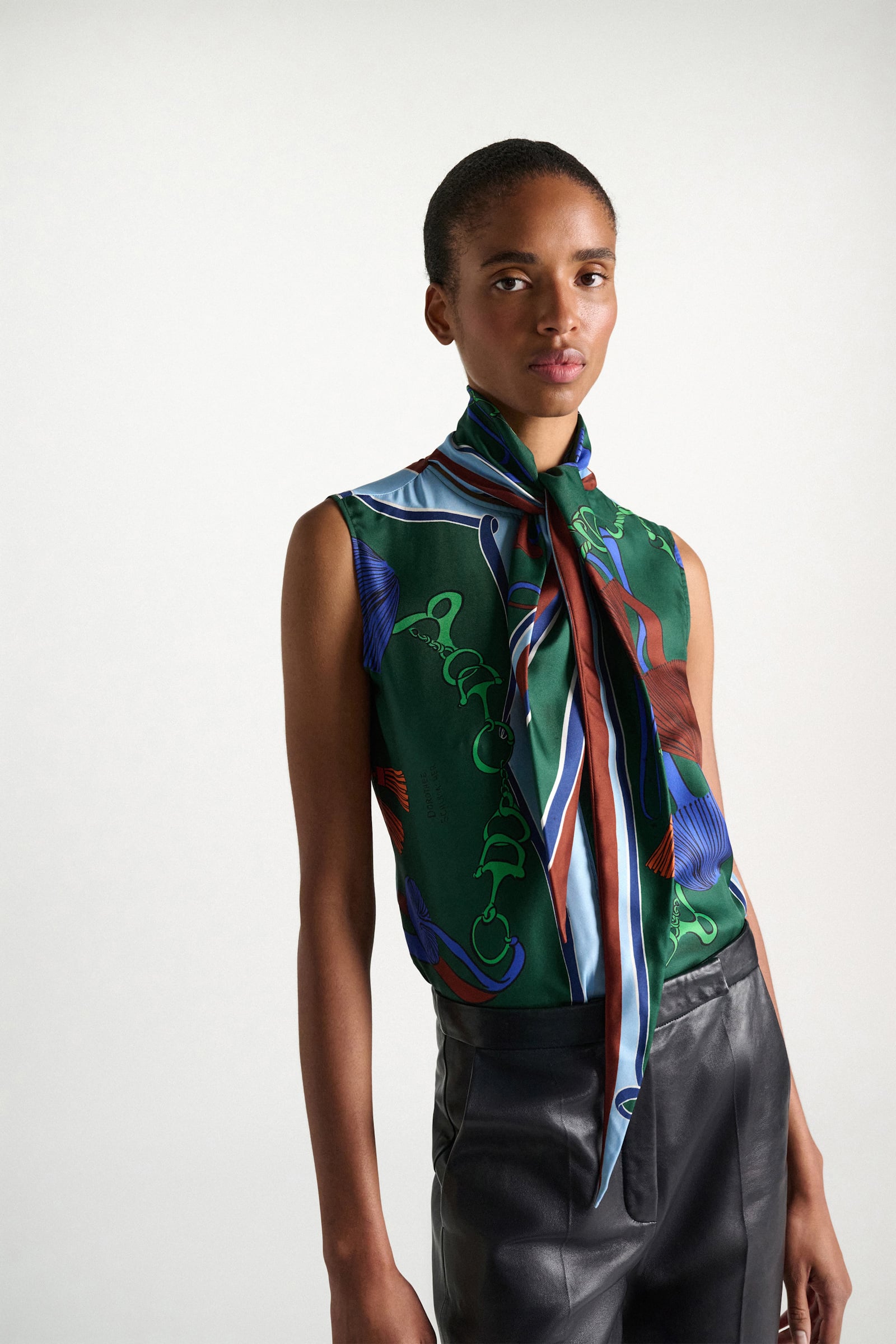 Dorothee Schumacher Sleeveless printed silk twill blouse colorful ribbon scarf