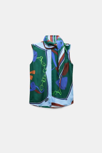 Dorothee Schumacher Sleeveless printed silk twill blouse colorful ribbon scarf